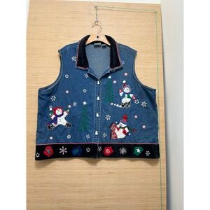 Carolina Plus Blues Vintage Denim Christmas Snowman Vest Velvet Trim Size 22